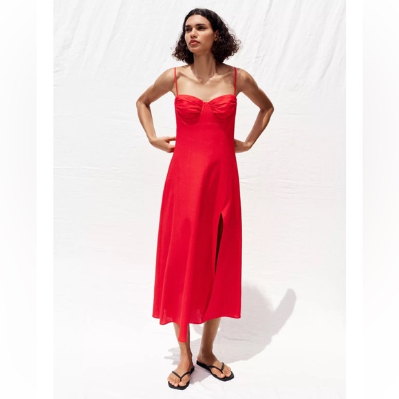 Zara Dresses & Skirts - Zara Red Linen Midi Dress